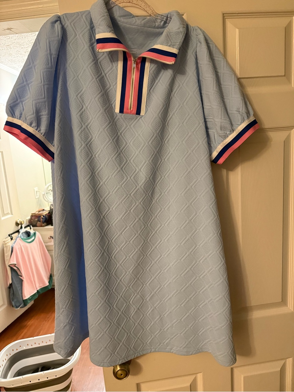 Light Blue Quilted Polo Midi Dress with Pink & Navy Trim